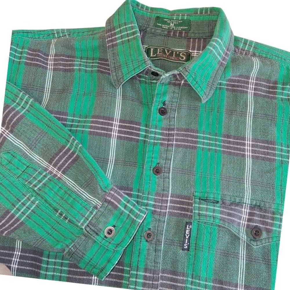 Vintage Levi's Sutter Creek LS Flannel Shirt Green Plaid Medium Cotton GUC